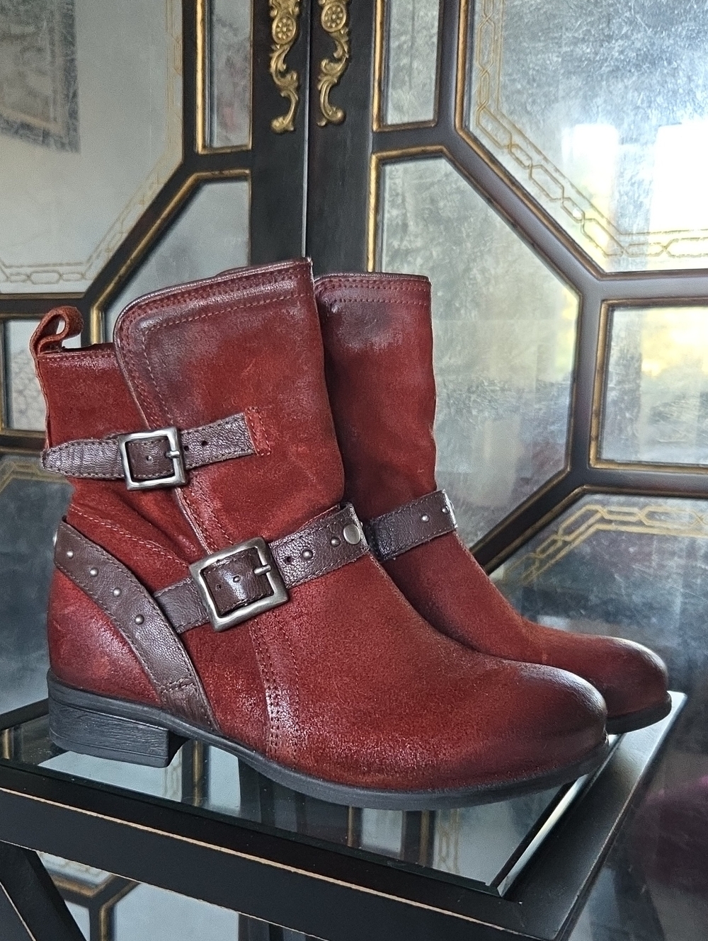Miz Mooz "Sammie" Red Suede Buckle Ankle Boots